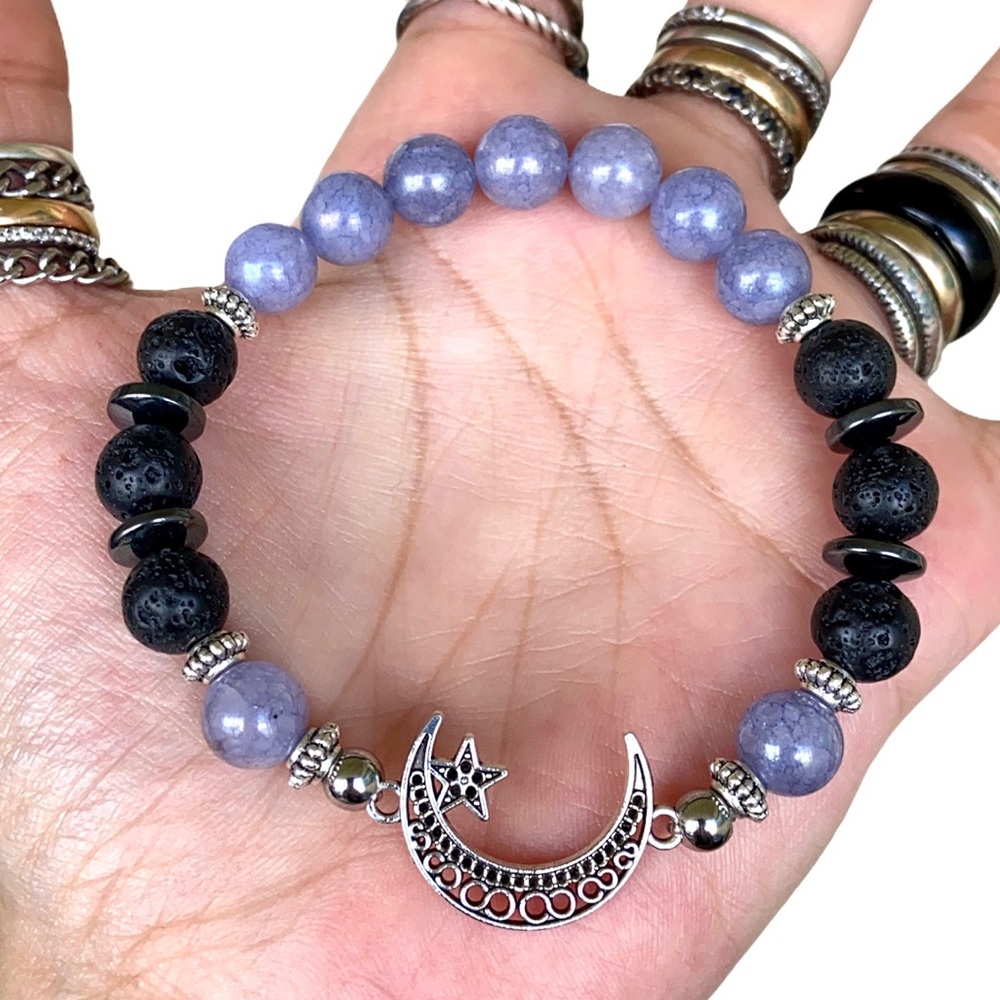 Genuine angelite black lava moon & star bracelet